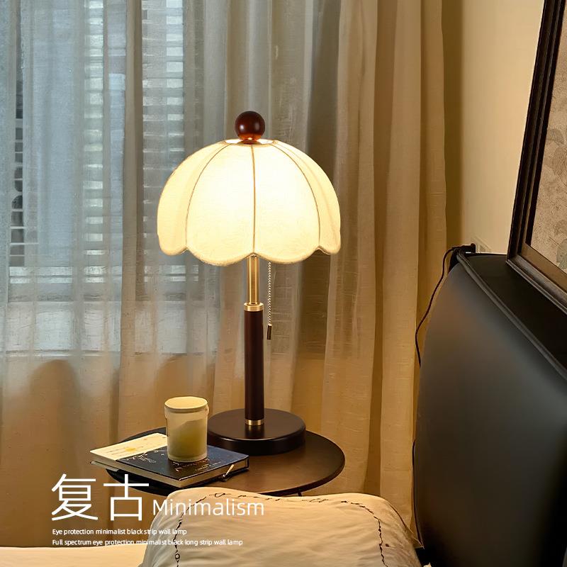 中古繁花复古台灯布艺实木全铜台灯客厅卧室书房床头灯饰创意台灯