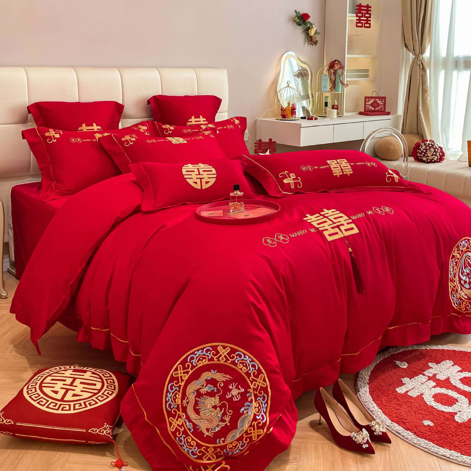 婚庆四件套大红色刺绣结婚床上用品新婚婚房喜被套件龙凤4