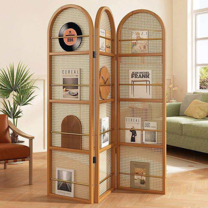 新中式藤编屏风移动杂志架置物架书架客厅实木书柜儿童绘本收恒昊