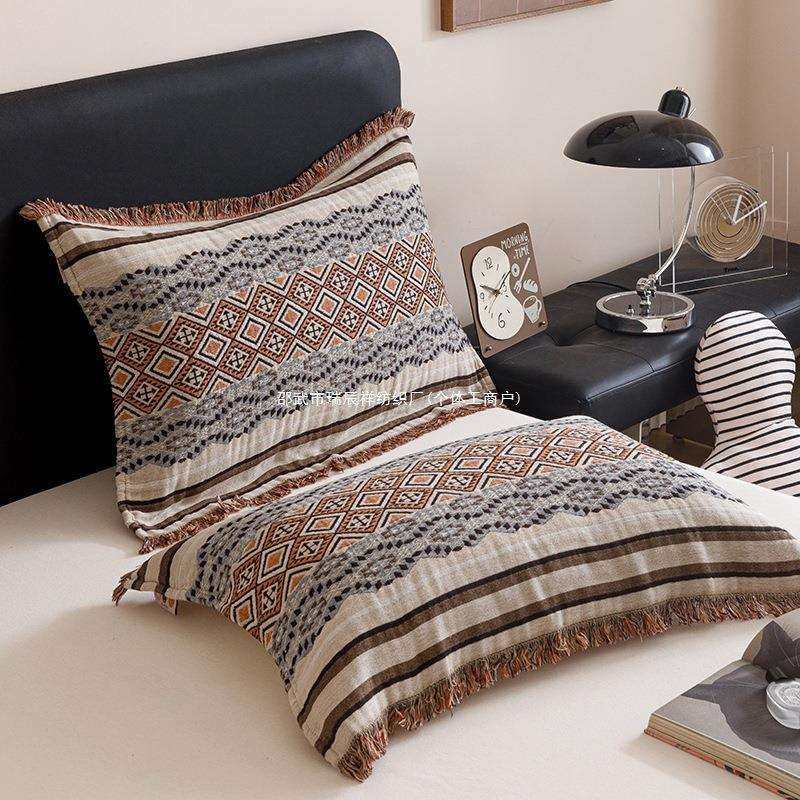 复古北欧风纯棉纱布流苏枕巾一对装纱透气吸汗防头油枕头巾