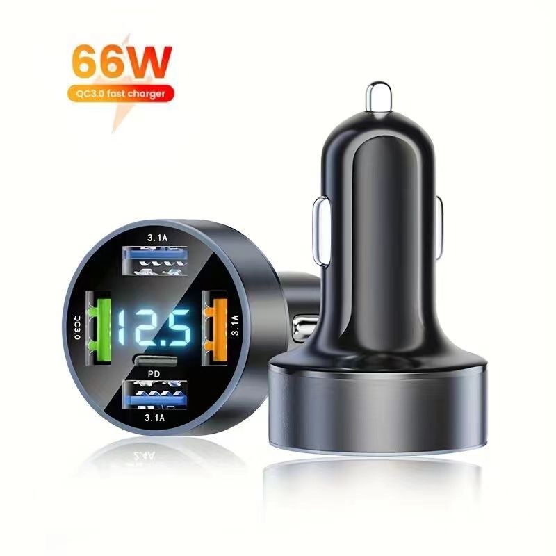 新款数显车充4usb66W快充PD手机充电头一拖四QC3.0车载充电器闪充