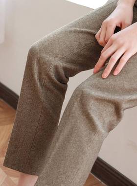 气秋冬字纹加厚毛呢裤女高腰显瘦休闲直筒西装九分烟质人职IPM业