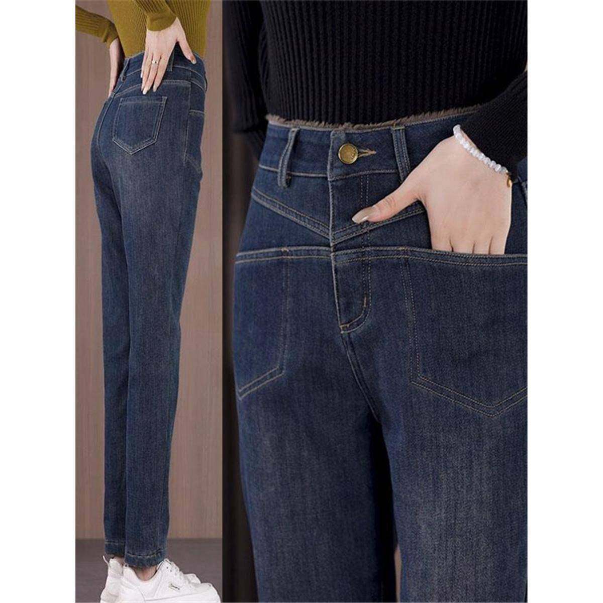 加绒加厚牛仔裤女士保暖204秋冬季115新款小个子弹力直筒2小脚烟