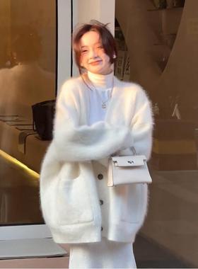 仿水OEN貂毛衣外女秋冬季外套白色搭新款高级感慵懒风chic针织绒