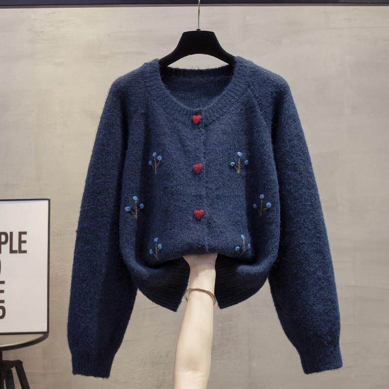 手工花5圆领衣外套女202春秋毛新宽款松慵懒风外D7036穿上衣厚针