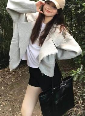 慵懒复风古双新拉链开ZEM衫连帽卫衣外套女秋冬季闲款宽松休百搭