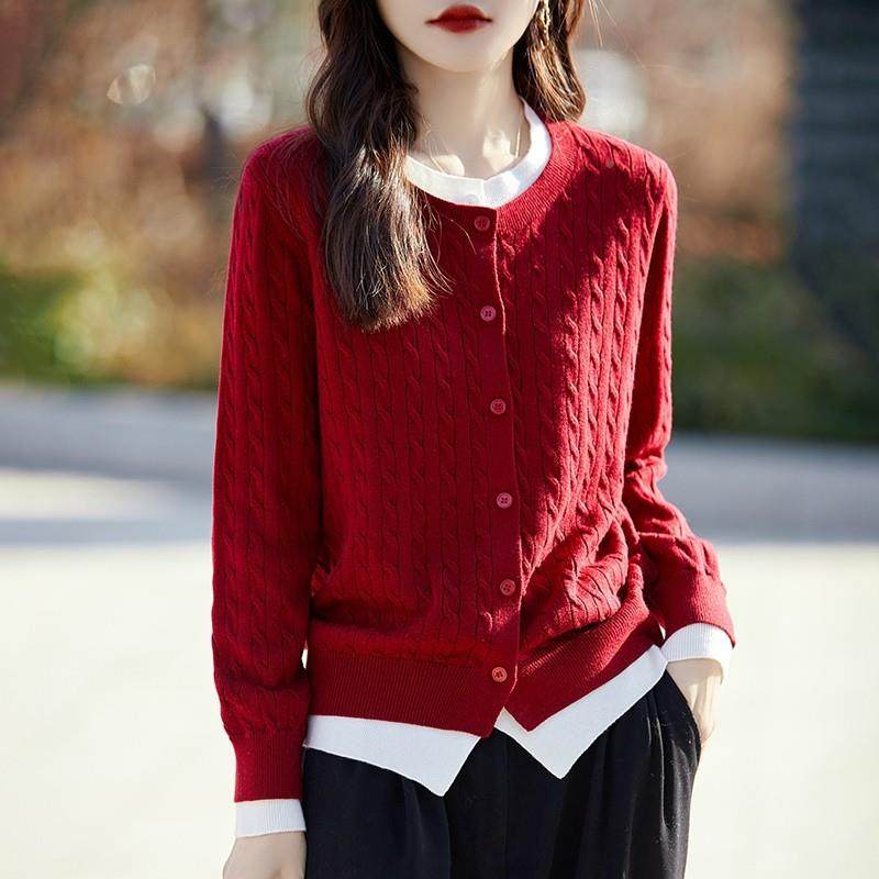 YXYR-NS-复古花撞色假两件针织开衫女短外套2毛衣25麻新0款高级感