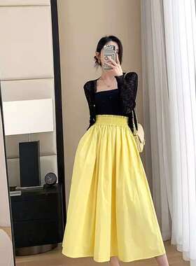 名媛2025黄色高腰A字裙显瘦伞裙抽褶松紧腰设计感小众半身长裙子