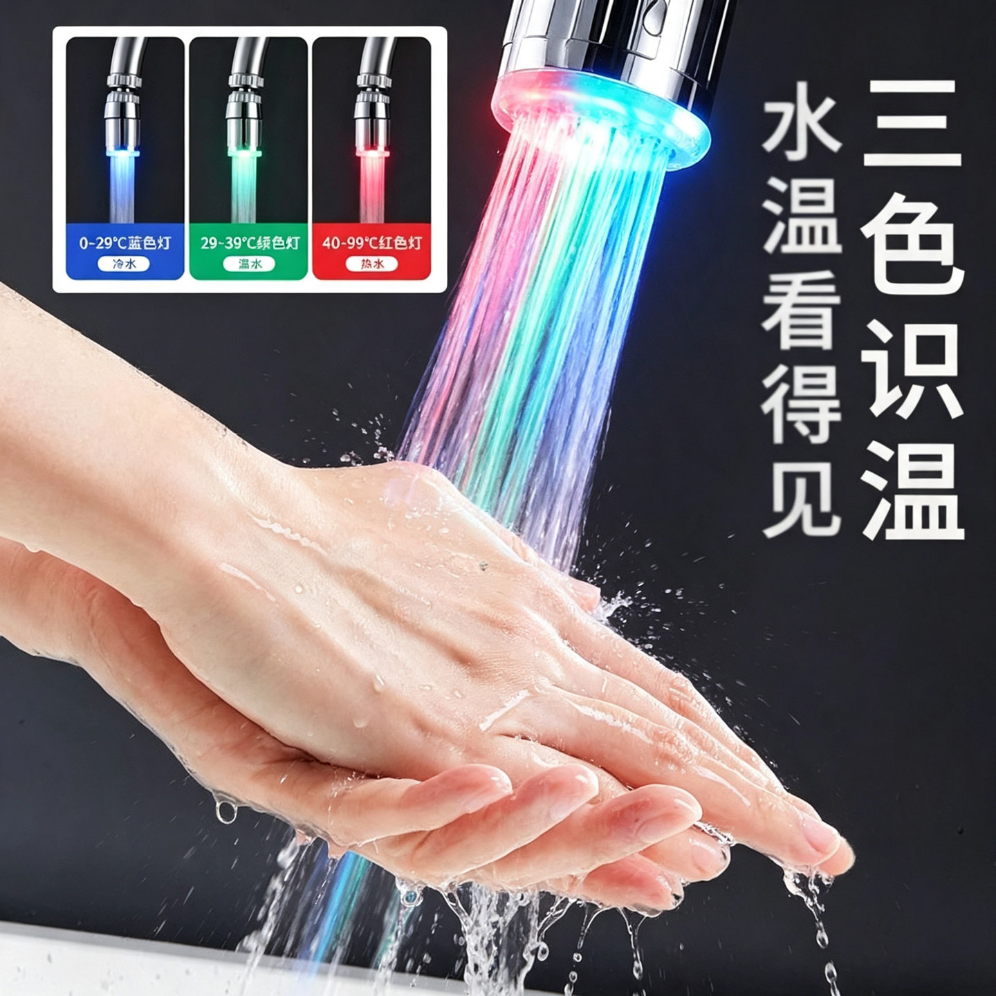 LED三色温控冷热起泡水龙头