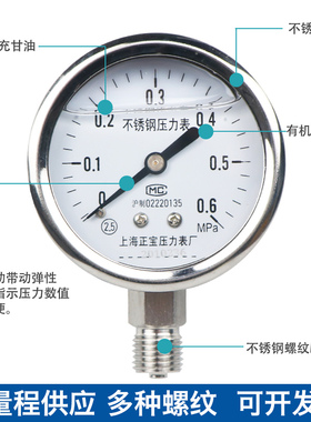 不锈钢耐震压力表 YN60BF 10barPT1/4 材质304 蒸汽 耐高温压力表