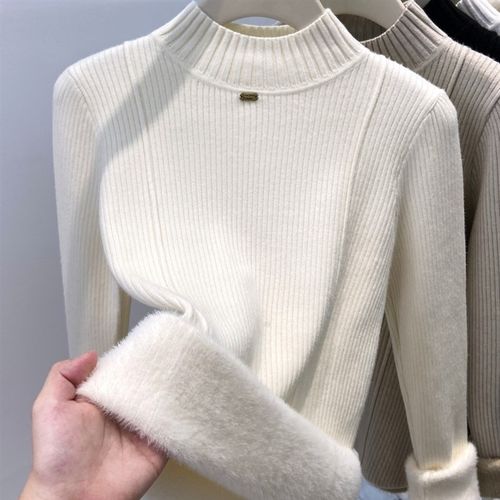 加厚辣妈外出哺乳毛衣秋冬款半高领产后喂奶打底衫一体绒针织上衣