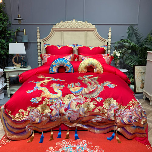 中式婚庆四件套全棉龙凤结婚十件套纯棉新疆长绒棉婚房床上用品