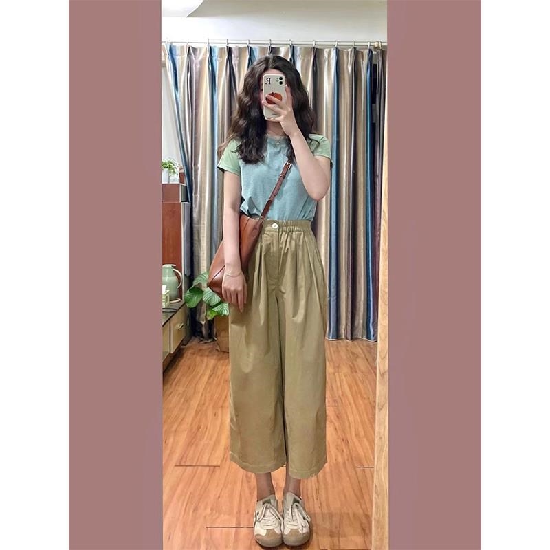 卡其色高腰九分裤女夏宽松直筒小个子阔腿裤显瘦百搭休闲烟管裤子