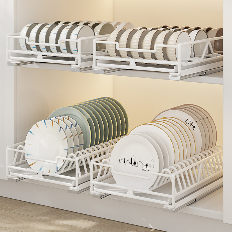 厨房碗碟收纳层架整体橱柜内置抽拉碗架拉篮抽屉式放碗盘沥水滑轨