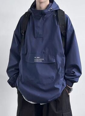 胖子半拉链工装套头冲锋衣男士秋季薄款宽松青年加肥加大码外套潮