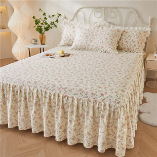 防滑保护套防尘罩花边床单三件套 床罩单件纯棉薄款 新款 全棉床裙式