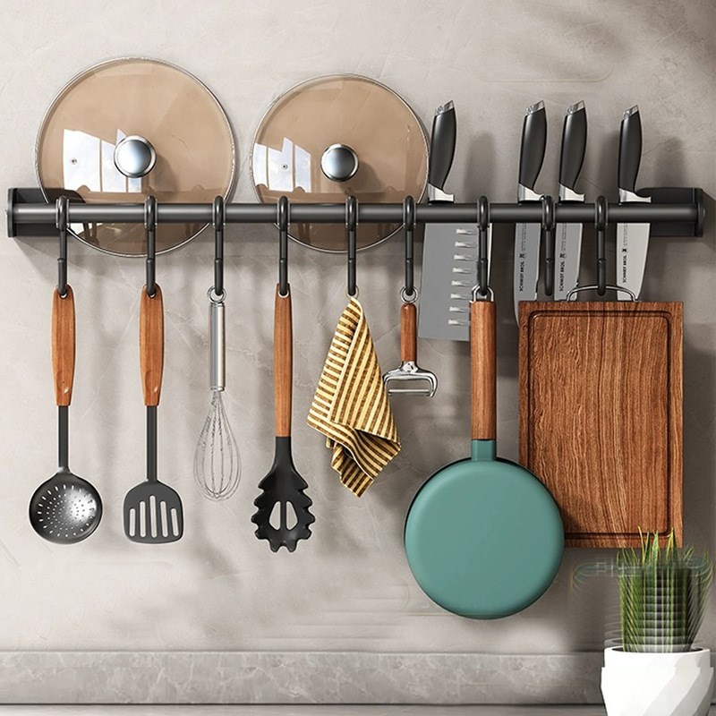 厨房挂钩免打孔挂杆锅铲勺子挂架可移动排钩壁挂式刀架收纳置物架