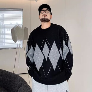 大尺码男装套头圆领宽松毛衣针织衫胖子加肥加大复古菱形潮流秋冬