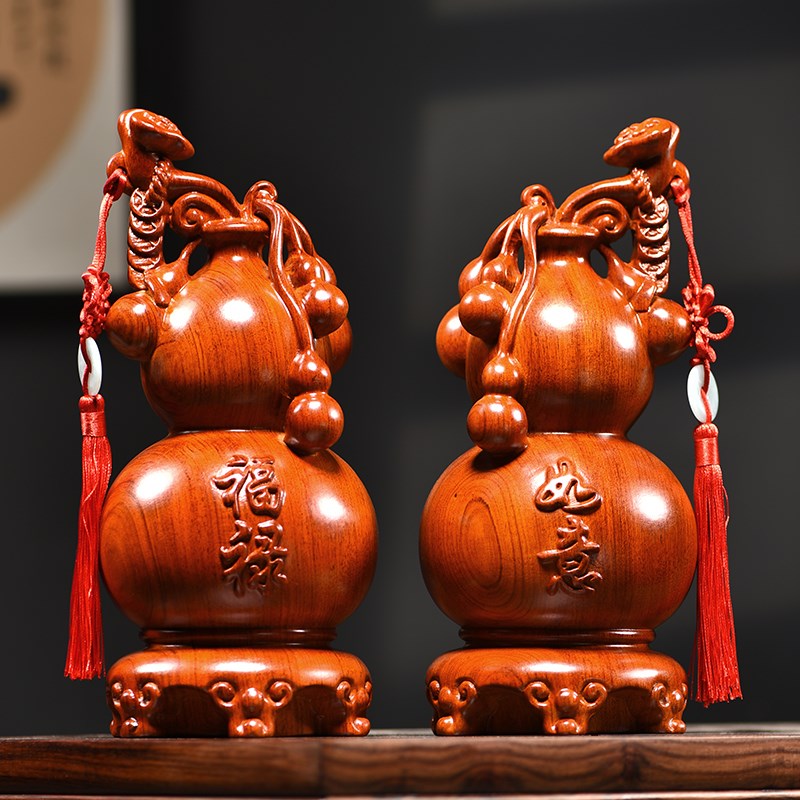 实木雕福禄如意葫芦一对摆件客厅木质家居乔迁装饰送礼工艺品寿礼