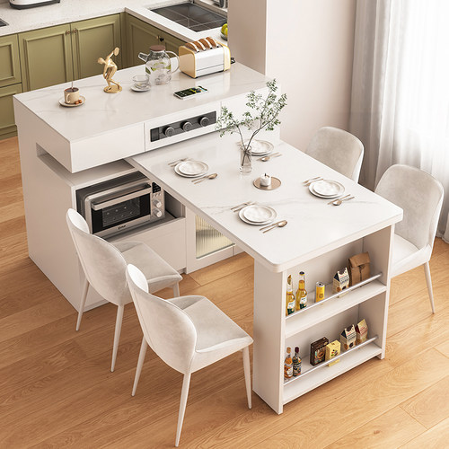 岛台餐桌一体可伸缩旋转家用厨房多功能岛台小户型可移动岩板餐桌