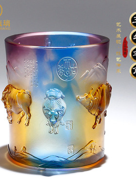 琉璃生肖摆件五福牛笔筒毕业送老师领导办公室桌面生日礼物工艺品