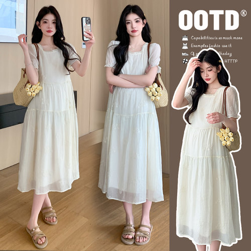 孕妇装夏装连衣裙中长款洋气甜美仙女裙宽松显瘦方领雪纺潮妈裙子