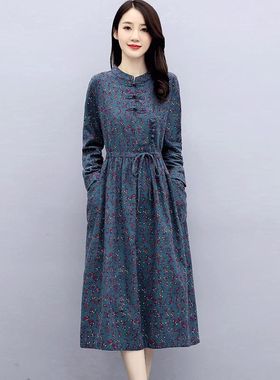 改良旗袍碎花棉麻连衣裙2023新款秋季收腰长袖妈妈气质减龄长裙子