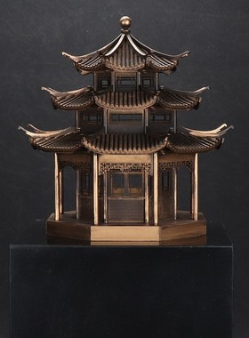 中式三层八角塔古建筑木模型古代木质拼装建筑成品古铜色模型摆件