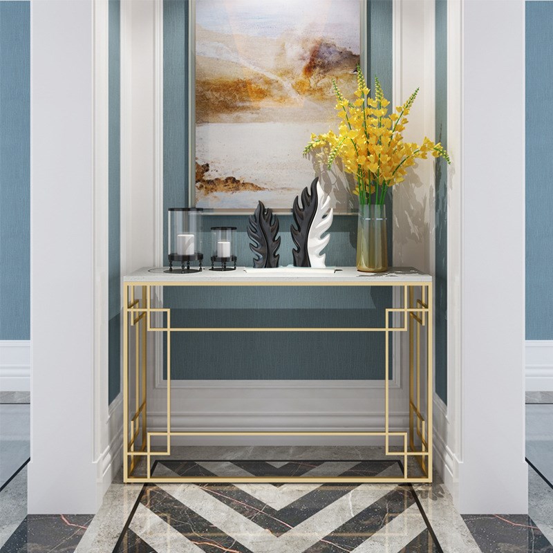 新中式入户大理石玄关桌子大堂会所装饰端景台条几过道靠墙玄关台