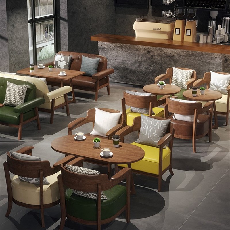 休闲咖啡厅奶茶店桌椅组合简约书吧甜品烘焙蛋糕店洽谈实木沙发椅