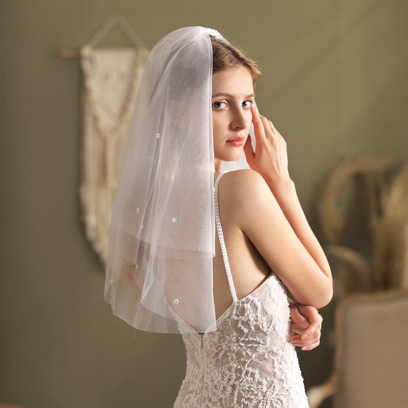 V815新款树脂小花新娘头纱 白色双层软纱结婚礼旅拍造型头饰