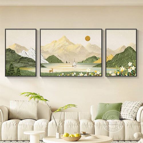 日照金山客厅装饰画背有靠山北欧沙发背景墙壁画山水风景三联挂画