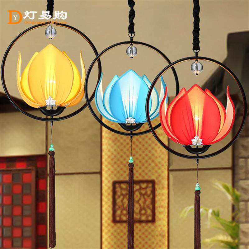 新中式荷花吊灯创意个性莲花灯餐厅书房灯具北欧仿古茶楼吧台灯饰