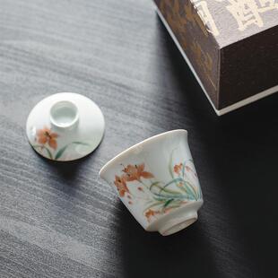 无落 拟古青瓷粉彩釉下手绘鸢尾花执梦盖碗文人二才盖碗手工薄胎