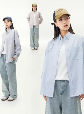 MANNSTU 日系休闲 条纹长袖衬衫女 情侣装覆古刺绣衬衫上衣外套男