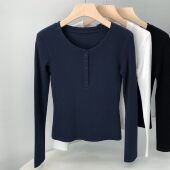 亨利衫 纯棉纽扣圆领针织长袖 修身 2025春季 打底内搭上衣显瘦 T恤女