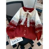 费尔岛覆古提花红色圣诞毛衣外套女设计感甜美蕾丝蝴蝶结针织开衫