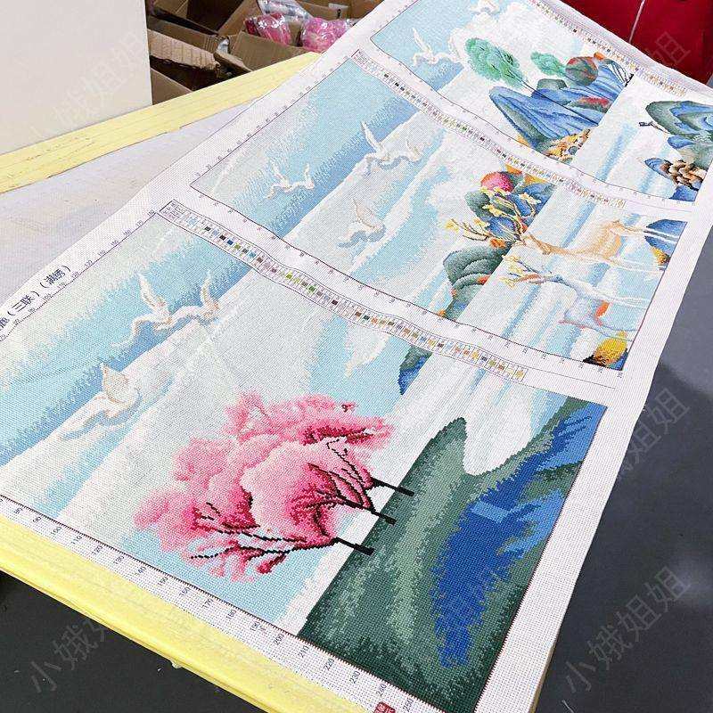 三联鹿麋鹿十字绣成品不带框纯手工出售已绣好2024新款客厅山水画