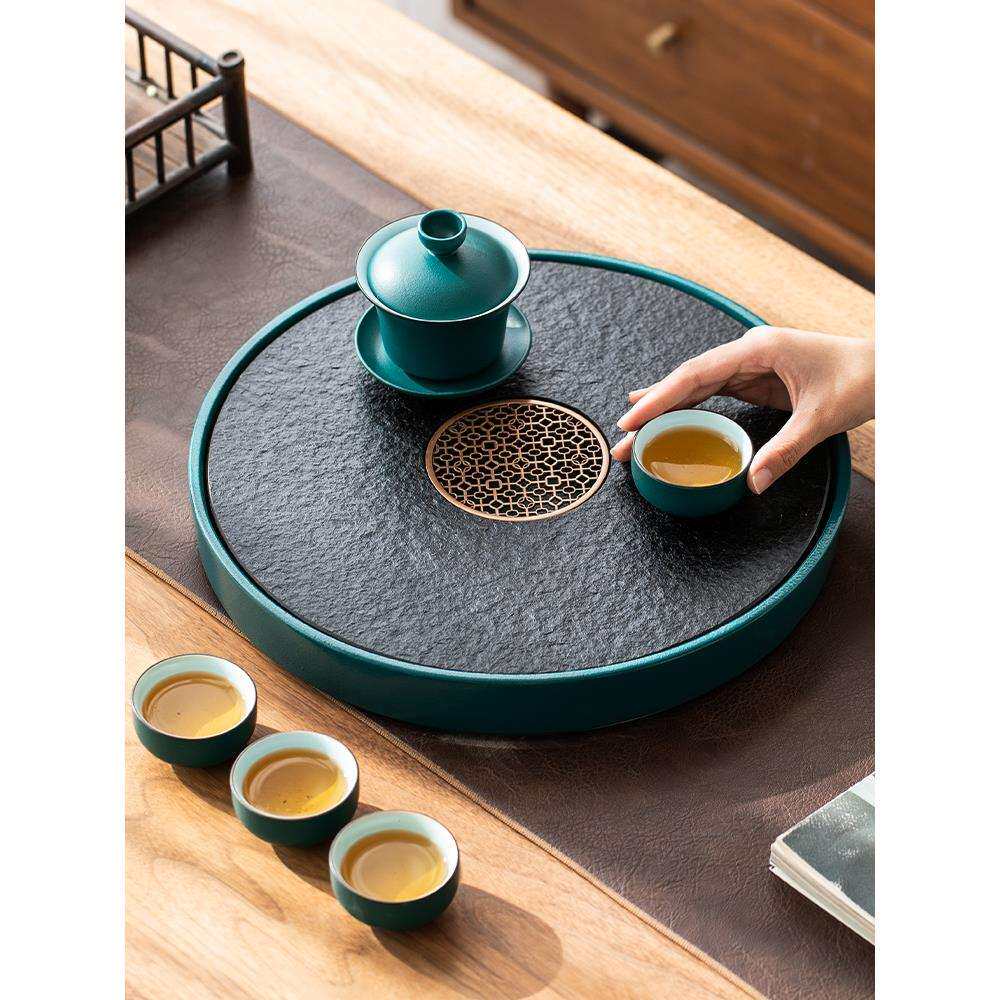圆形陶瓷乌金石茶盘储水式排水小型茶台茶具套装简约家用办公托盘