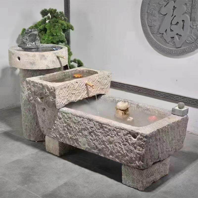 老旧石槽鱼缸鱼池石头石缸养鱼户外庭院石磨青石马槽景观流水摆件