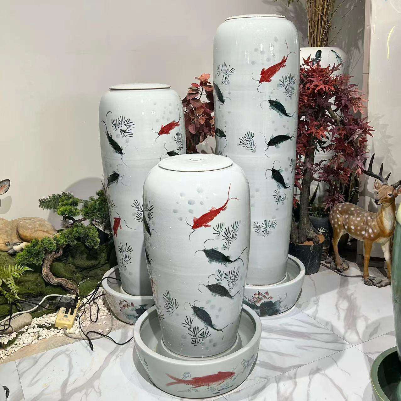 新中式陶瓷流水罐别墅庭院手绘鱼落地风水摆件酒店餐厅软装饰陶罐