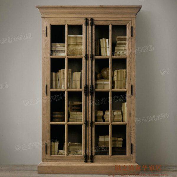 橡木复古两门风实木书柜出口展示柜格法式R乡村陈列柜书架欧洲H