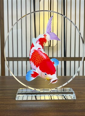 内雕圆形客厅高级感艺术品摆件酒柜大红公鸡水Q晶装饰品结婚送礼