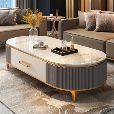 岩板茶几桌轻奢客厅家用2025新款高级感小户型椭圆U茶几电视柜组