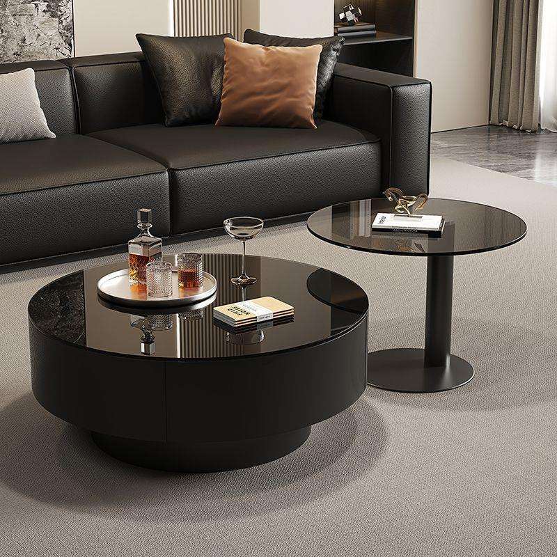 意式轻奢风玻璃圆形茶几组合家用客厅小户型现代新款高级茶桌简约
