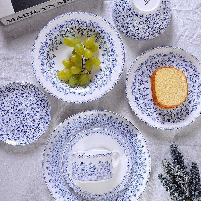 骨瓷欧式现代简约青花轻奢风家用餐具套装咖啡杯碟碗牛排意面盘子