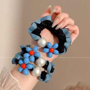 法式蓝色小花蓝边小肠发圈女2025新款可爱百搭扎低马尾的头花发饰