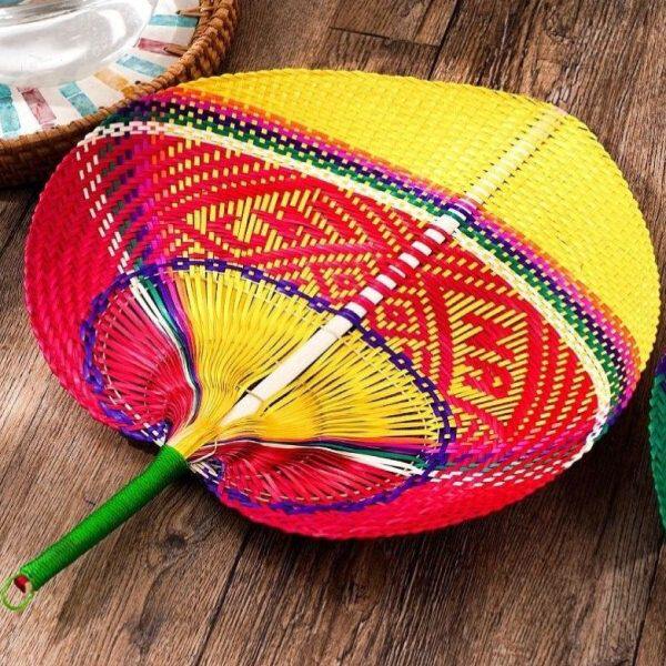 手工扇扇子七彩夏天桃编织蒲扇扇形心印花竹编手摇桃老式全大号扇