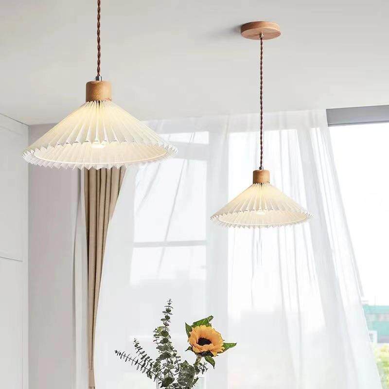 北欧ins百褶床头吊灯实木家用卧室餐桌饭厅日式民宿极简创意灯具