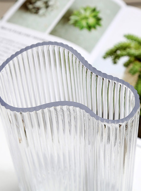 北欧轻奢竖纹脚印玻璃花瓶v创意客厅插花水养摆件鲜花瓶干花插花